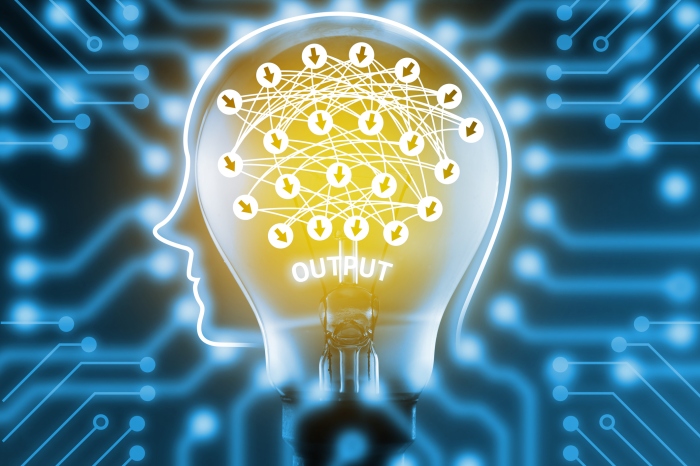Deep learning , Machine learning and artificial intelligence concept. Robot brain on light bulb with deep learning connect and electric circuits graphic